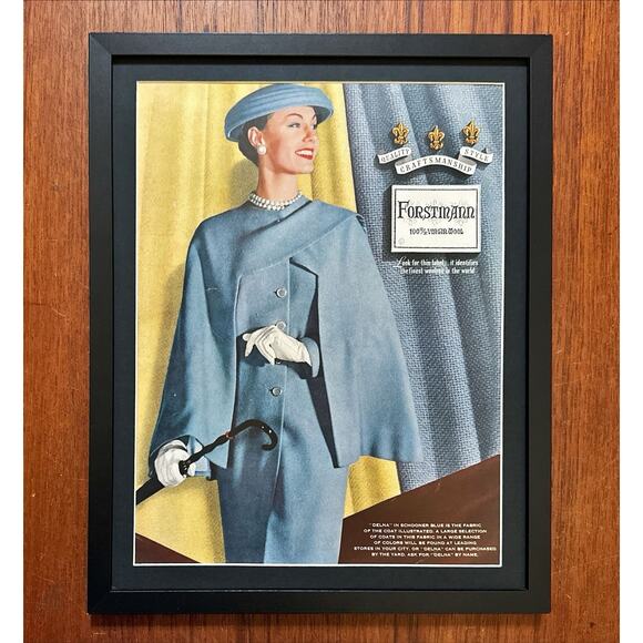 Framed 1956 Vintage Ad Forstmann 100% Virgin Wool Retro Fashion Suit Hat - Picture 1 of 3